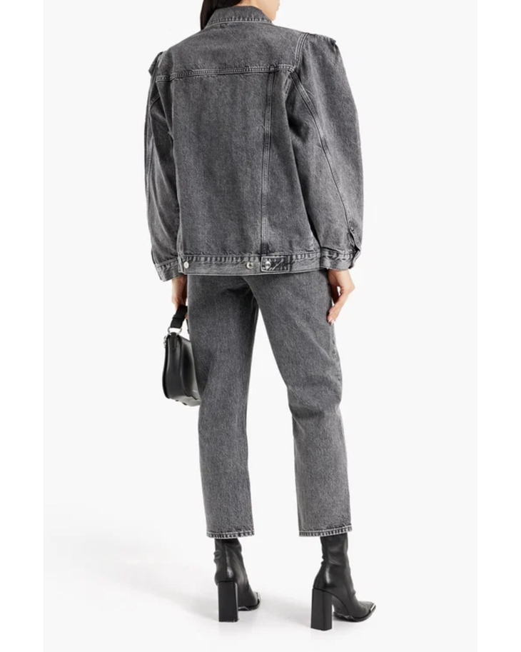 Chigny faded gray denim jacket worn with matching jeans and black boots — IRO | Endless UAE