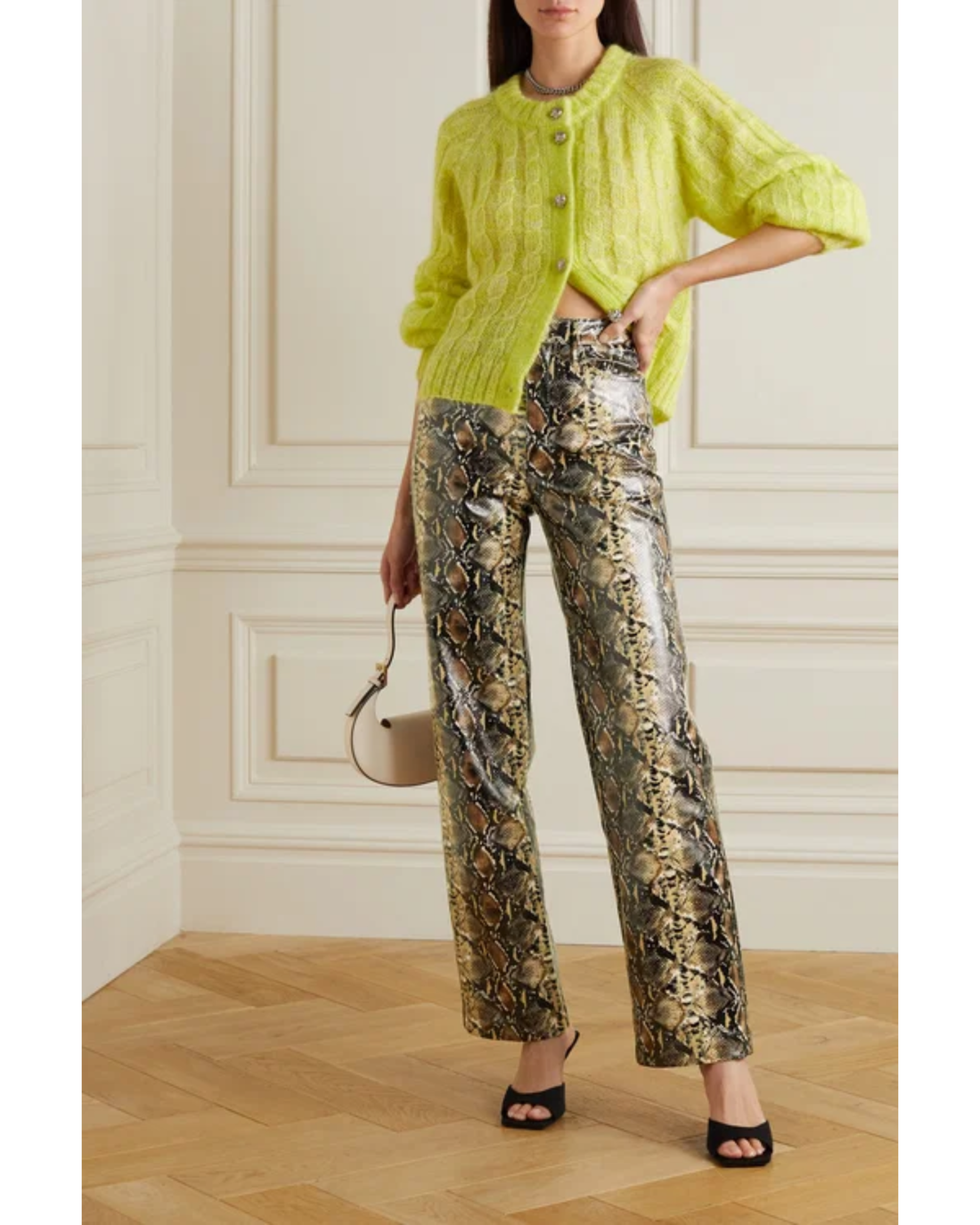Snake-effect straight-leg pants in beige and brown — Rotate | Endless UAE