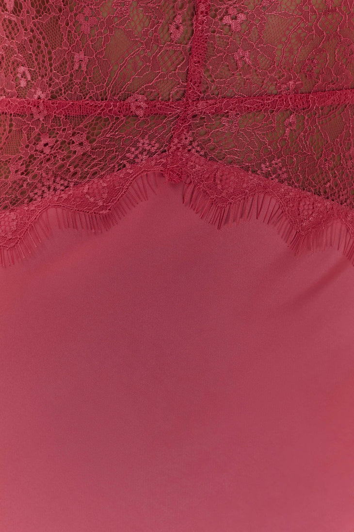 Hot pink halter maxi dress with lace waist detail and deep V-neckline — Meshki | Endless UAE