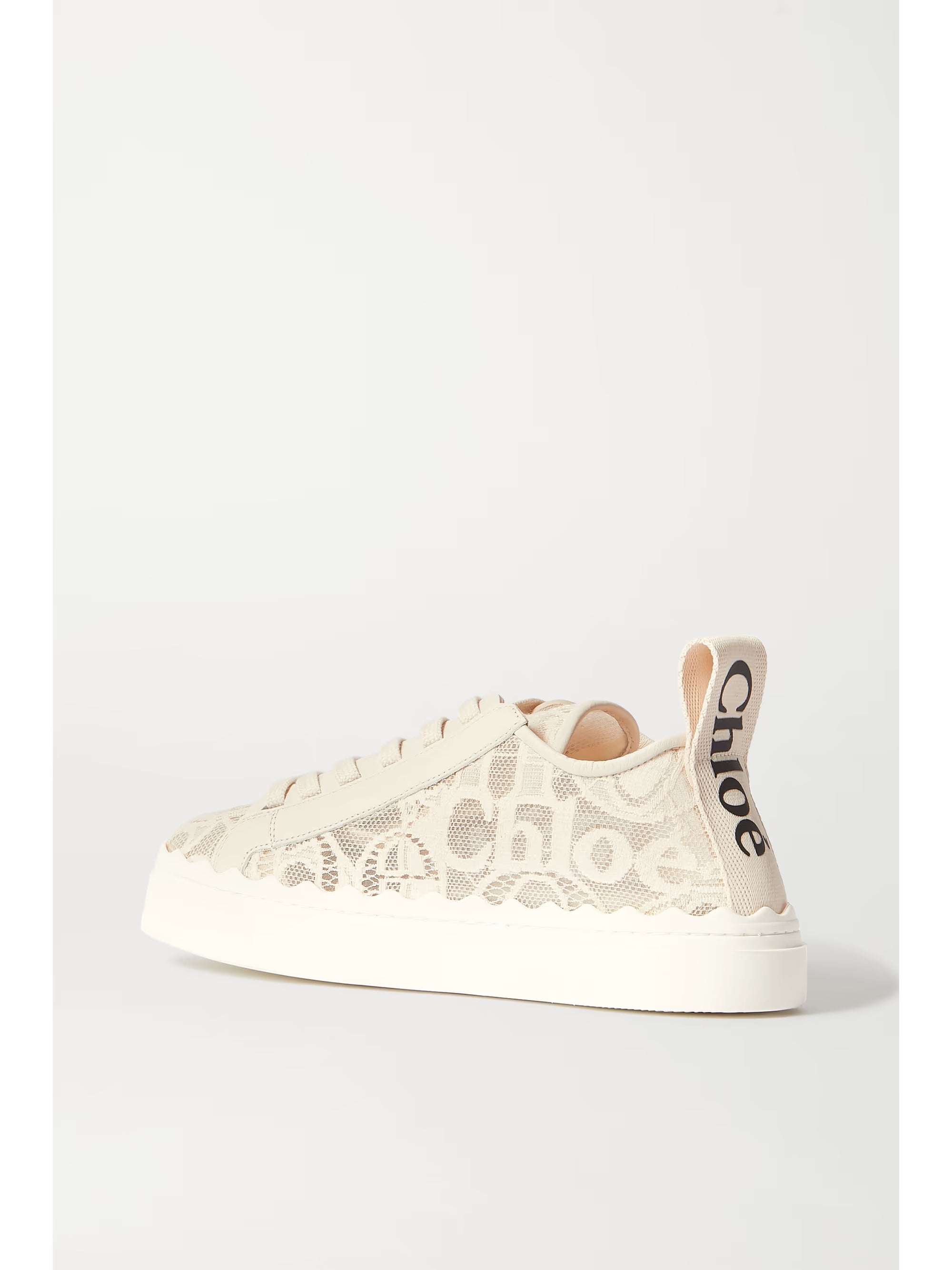 Lauren Scalloped Lace Sneakers in cream with leather trim and canvas details — Chloe | Endless UAE