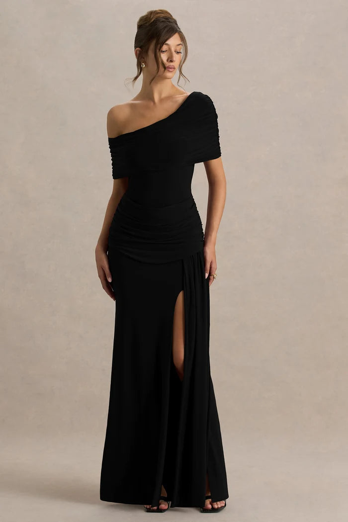 Woman wearing black asymmetric-neck maxi dress with draped off-shoulder sleeve detail — Club London | Endless UAE