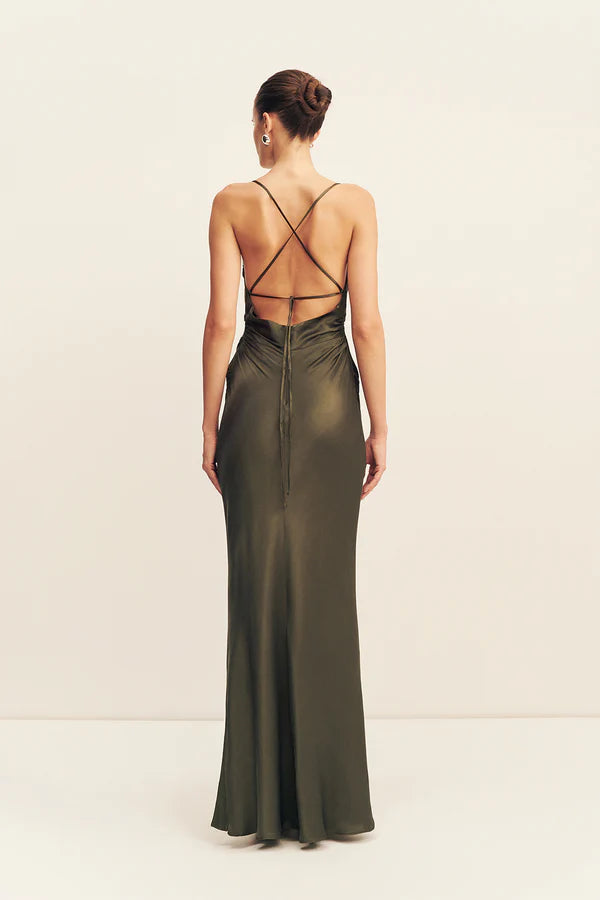 Olive cowl neck maxi dress with ruched side detailing and thin straps — Shona Joy | Endless UAE