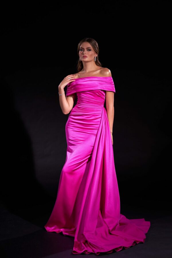 Magenta pleated off-shoulder gown with dramatic train — Sophia Bognem | Endless UAE