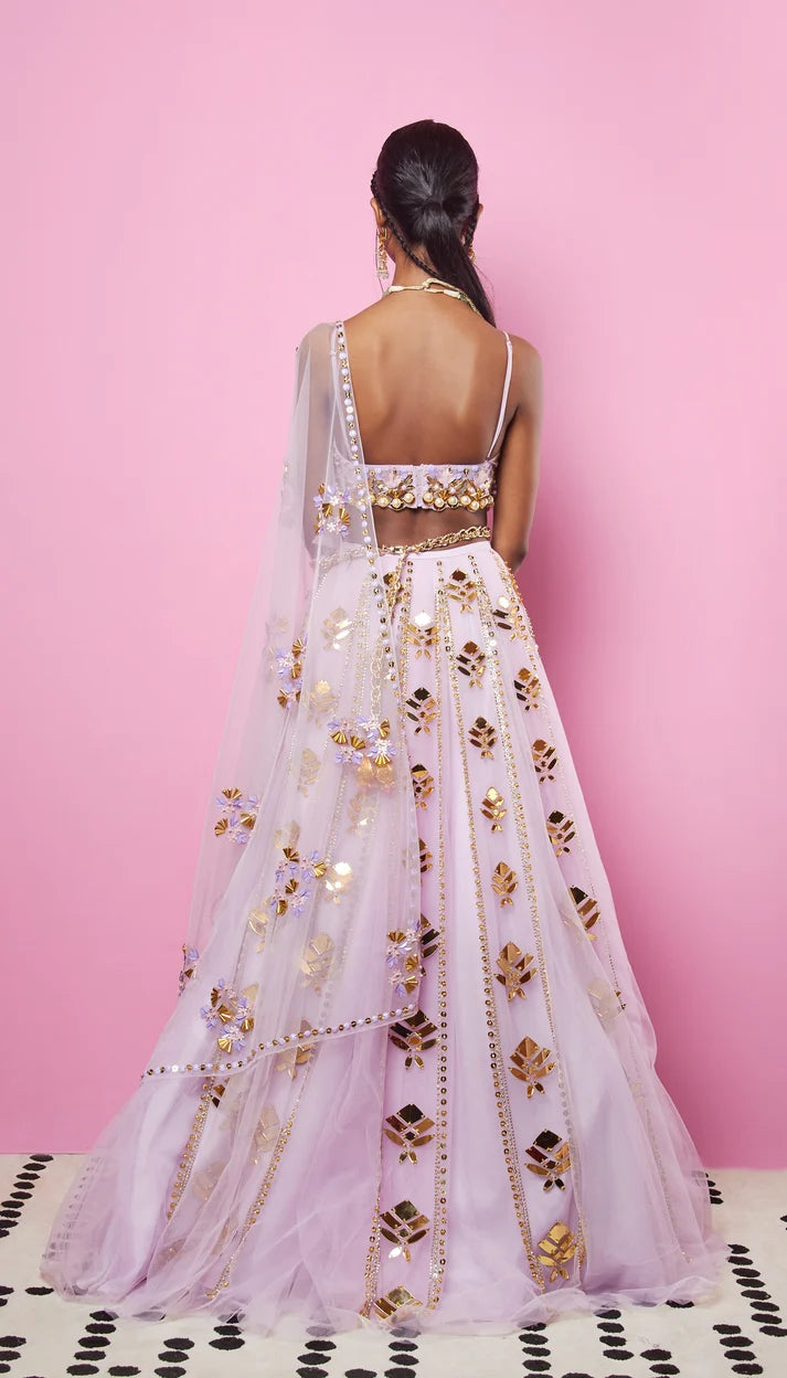 Lavender embroidered lehenga set with gold accents and matching dupatta — Papa Don't Preach | Endless UAE