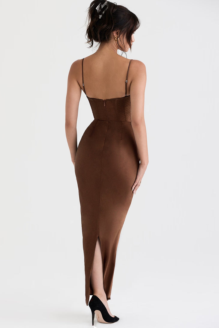 Chocolate corset maxi dress with sweetheart neckline and thin straps — House of CB | Endless UAE