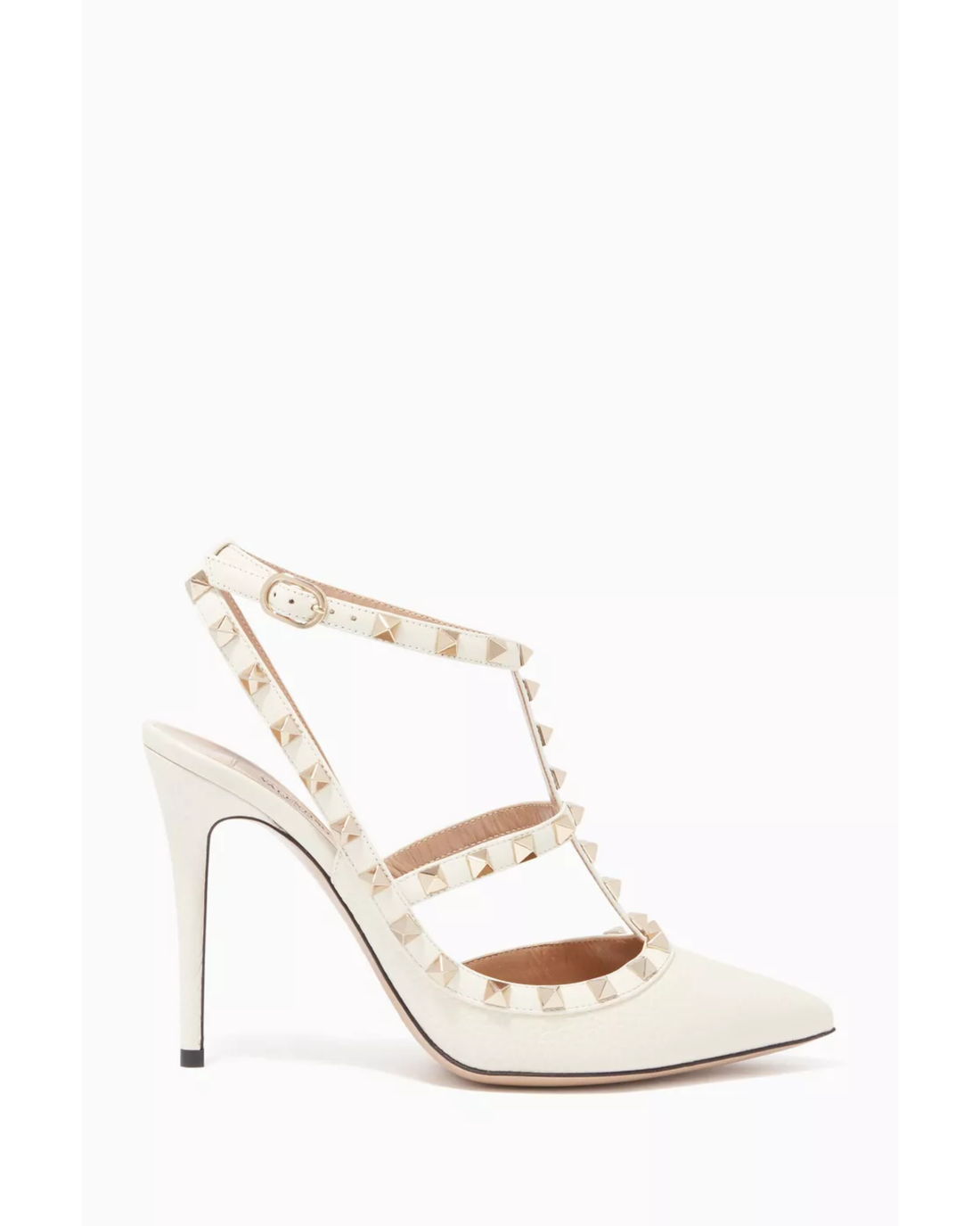 Cream leather pointed-toe pump with signature pyramid stud straps — Valentino Garavani | Endless UAE