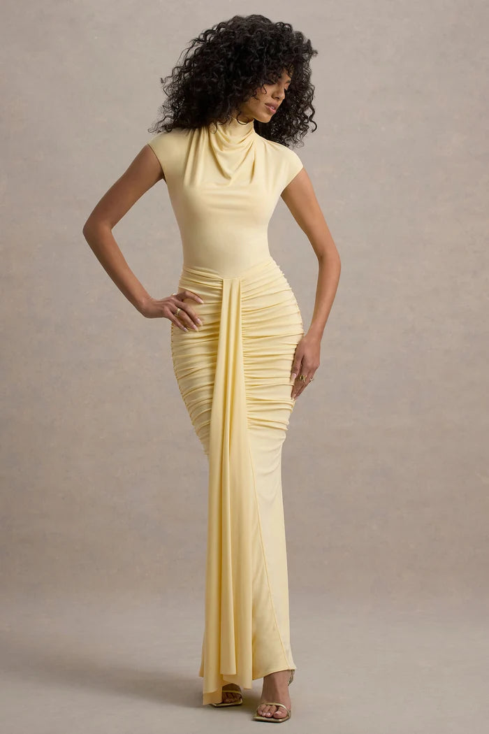 Woman wearing pale lemon high-neck ruched maxi dress with cap sleeves — Club L London | Endless UAE