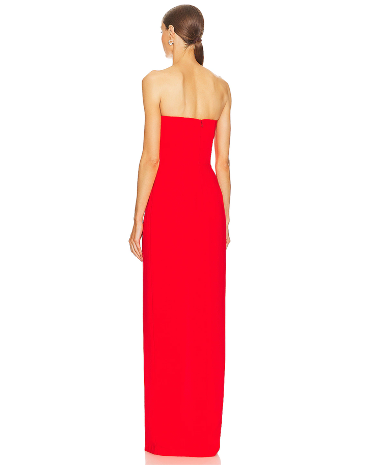 Crimson strapless sweetheart neckline gown with high slit and silver clutch — Amanda Uprichard | Endless UAE