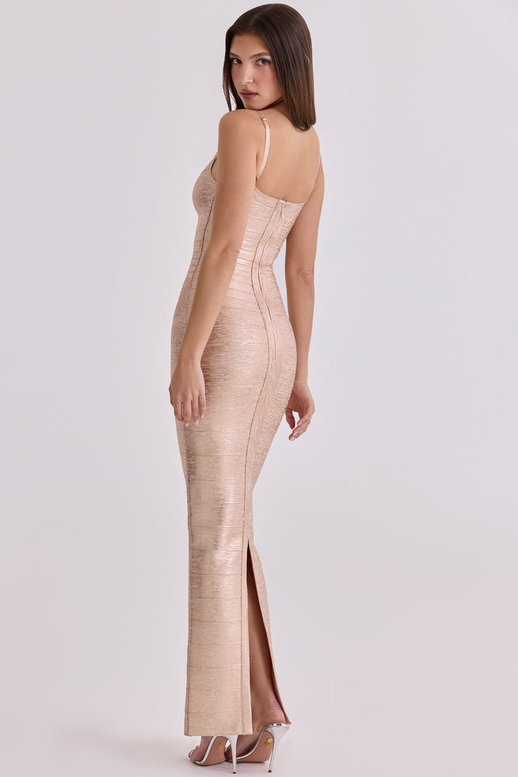 Woman wearing champagne bandage maxi dress with square neckline and thin straps — House of CB | Endless UAE