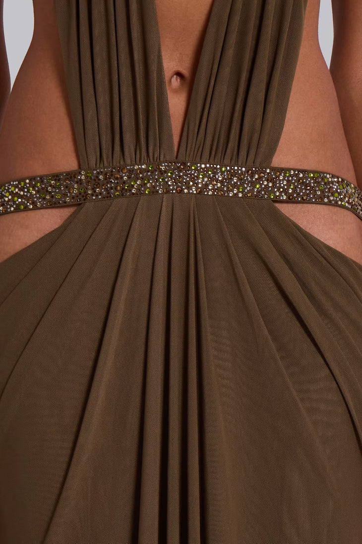 6AM Cut Out Maxi Dress in Moss with embellished straps — Jaded London | Endless UAE