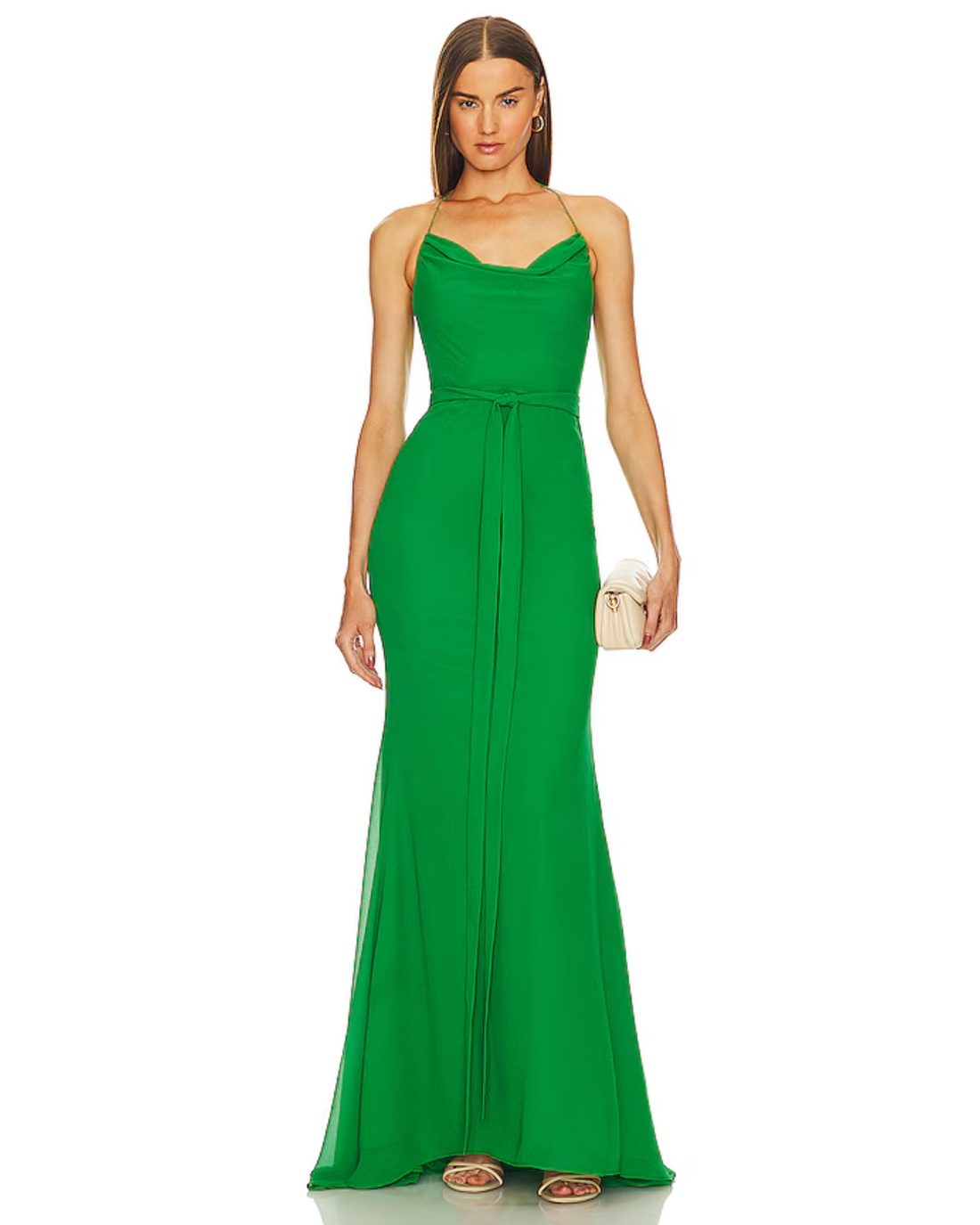 Woman wearing green draped cowl neck gown with waist tie and train — Michael Costello | Endless UAE