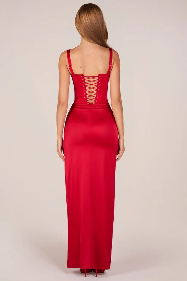 Red corseted maxi dress with thigh-high slit and square neckline — Oh Polly | Endless UAE