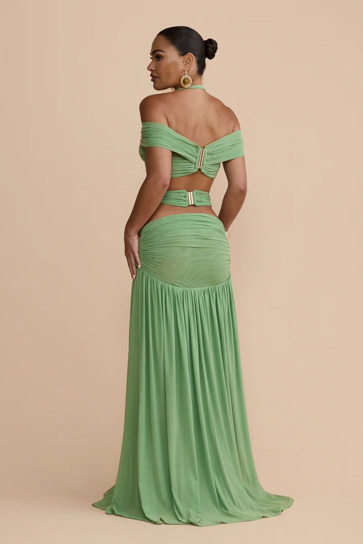Martina Co-ord Set in sage green with ruched details and gold accents — Melani The Label | Endless UAE