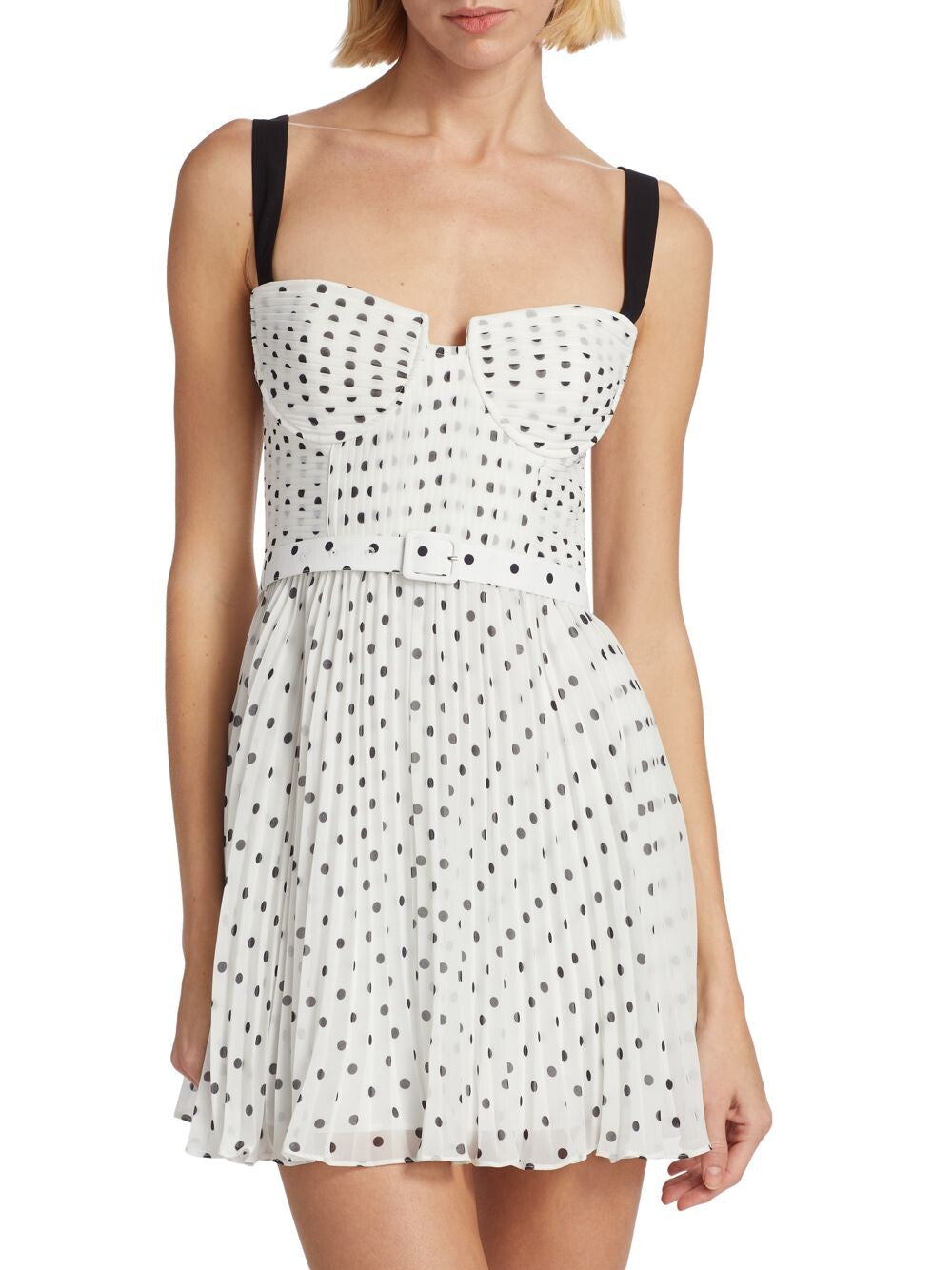 White polka dot chiffon mini dress with black straps and belt — Self-portrait | Endless UAE