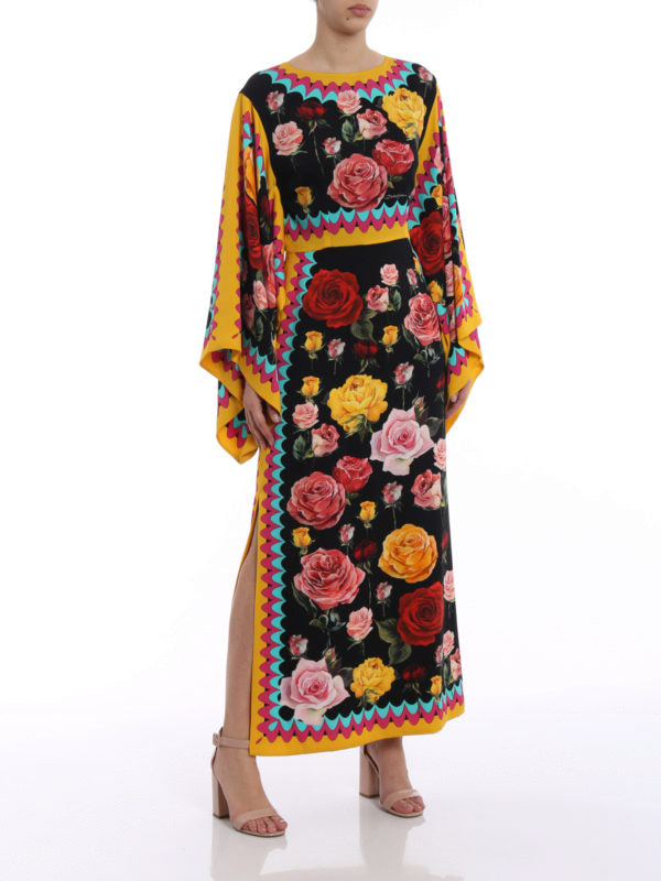 Rose Print Silk Charmeuse Gown with colorful geometric trim — Dolce & Gabbana | Endless UAE