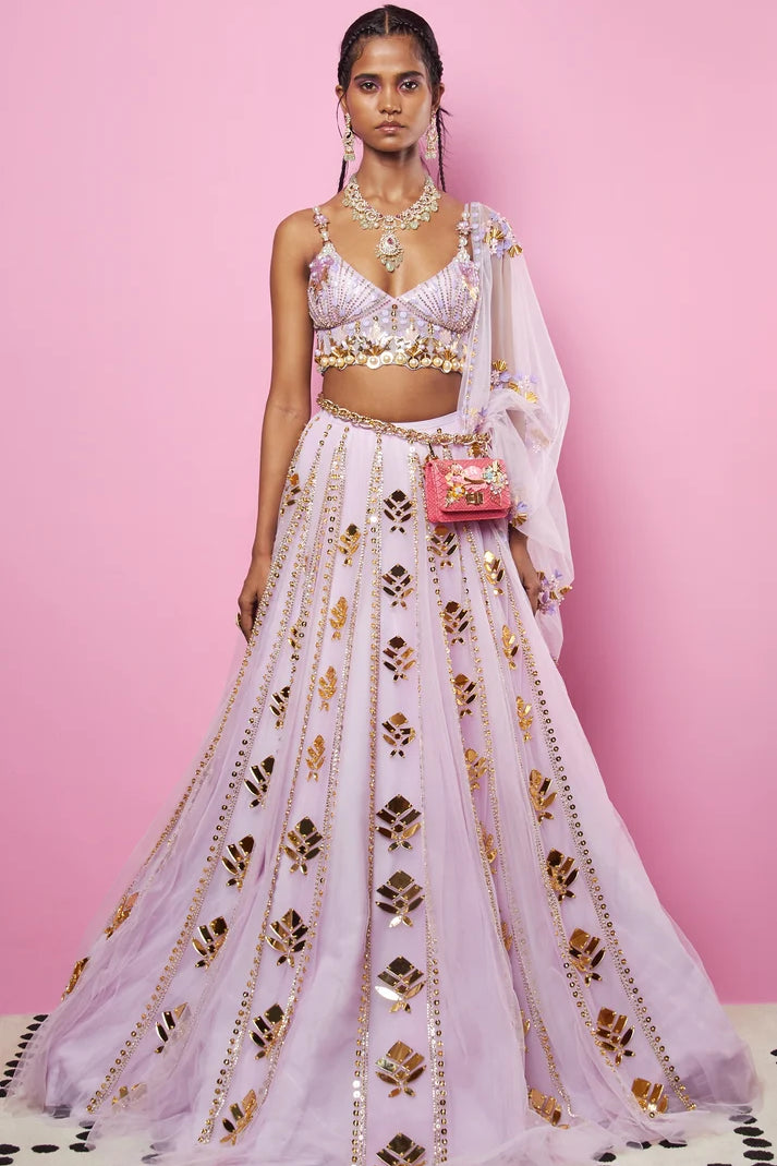 Lavender embroidered lehenga set with gold accents and matching dupatta — Papa Don't Preach | Endless UAE