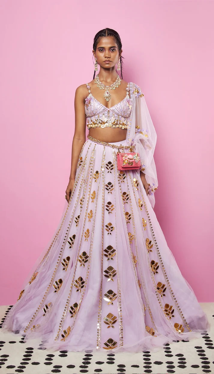 Lavender embroidered lehenga set with gold accents and matching dupatta — Papa Don't Preach | Endless UAE