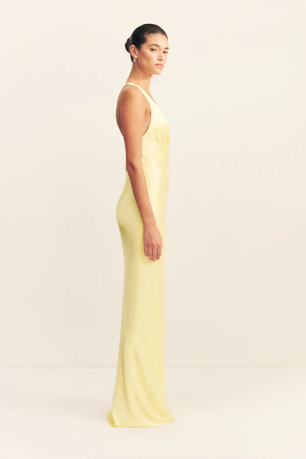 Woman wearing yellow sleeveless plunged neckline maxi dress with cross back detail — Shona Joy | Endless UAE