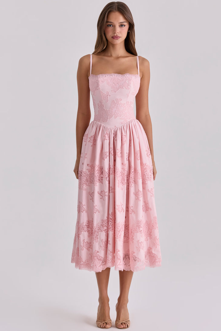 Pink broderie anglais lace midi sundress with square neckline and full skirt — House of CB | Endless UAE