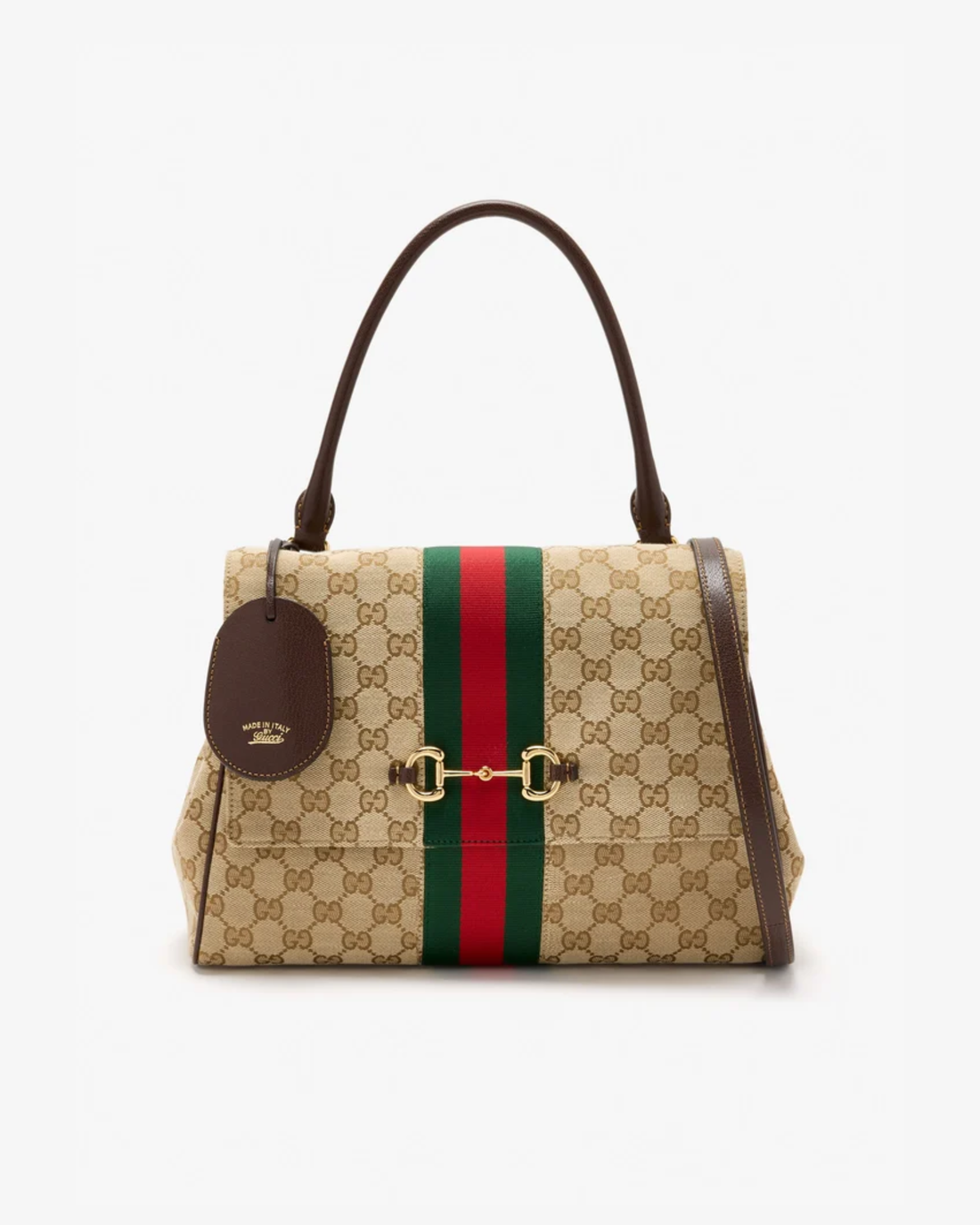 Gucci Paparazzo Medium Top Handle Bag in beige GG canvas with brown leather handles and green-red-green web stripe — Gucci | Endless UAE