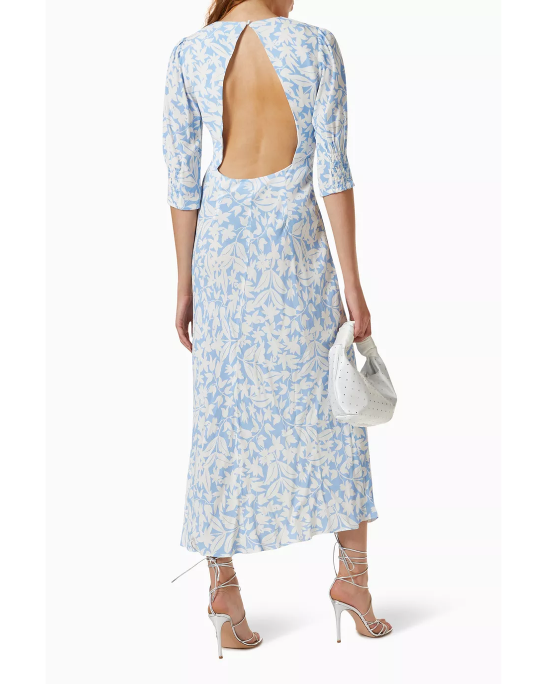 Blue floral print wrap midi dress with three-quarter sleeves — Rixo | Endless UAE