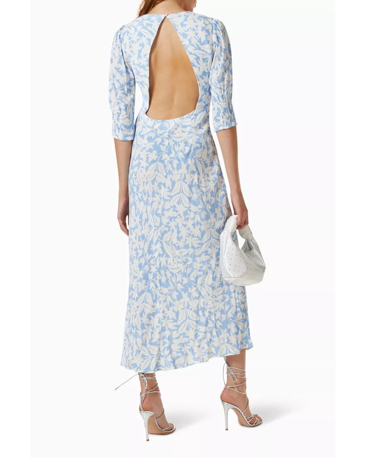 Blue floral print wrap midi dress with three-quarter sleeves — Rixo | Endless UAE