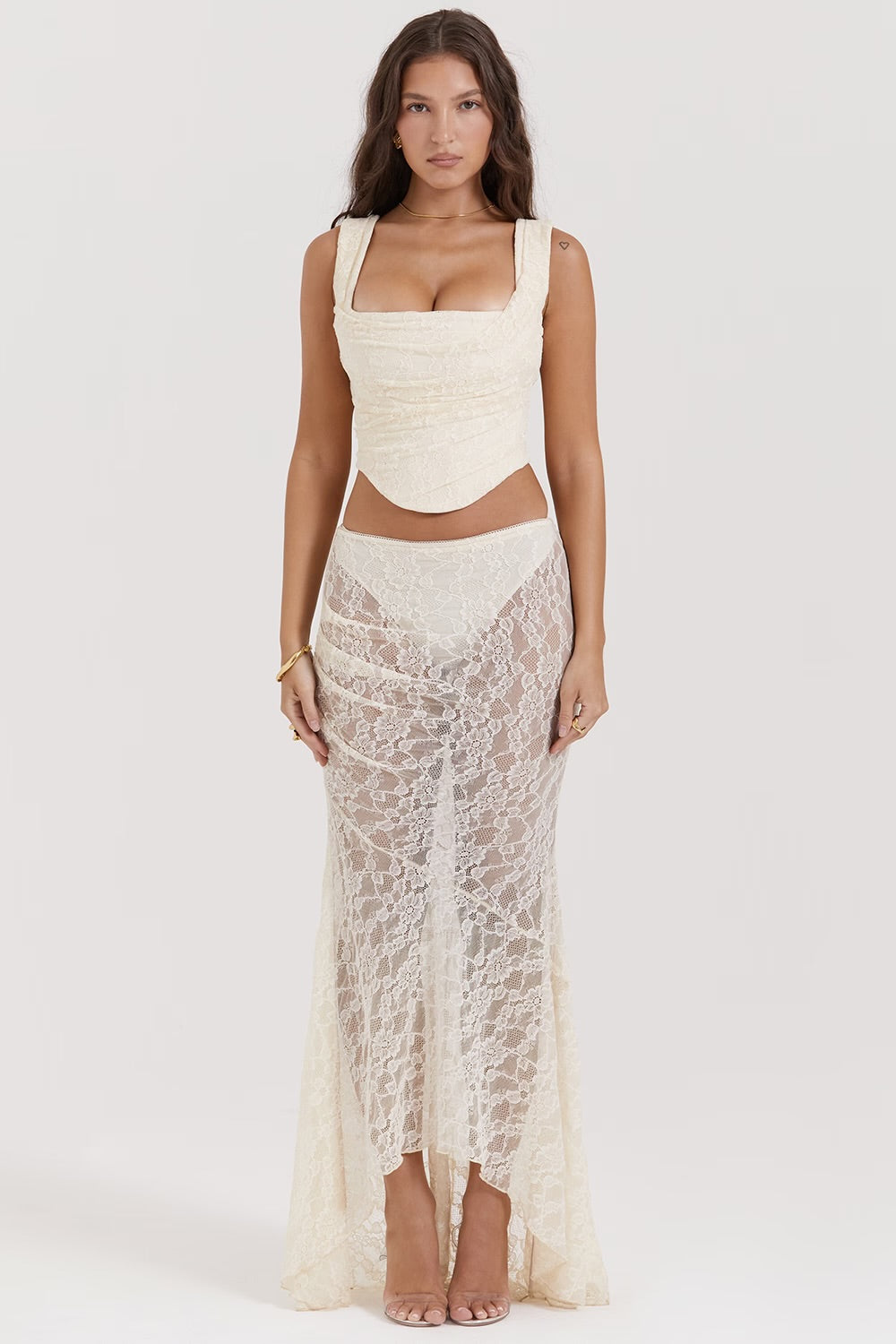 Therese Vintage Co-ord Set in cream featuring draped top and lace skirt — House of CB | Endless UAE