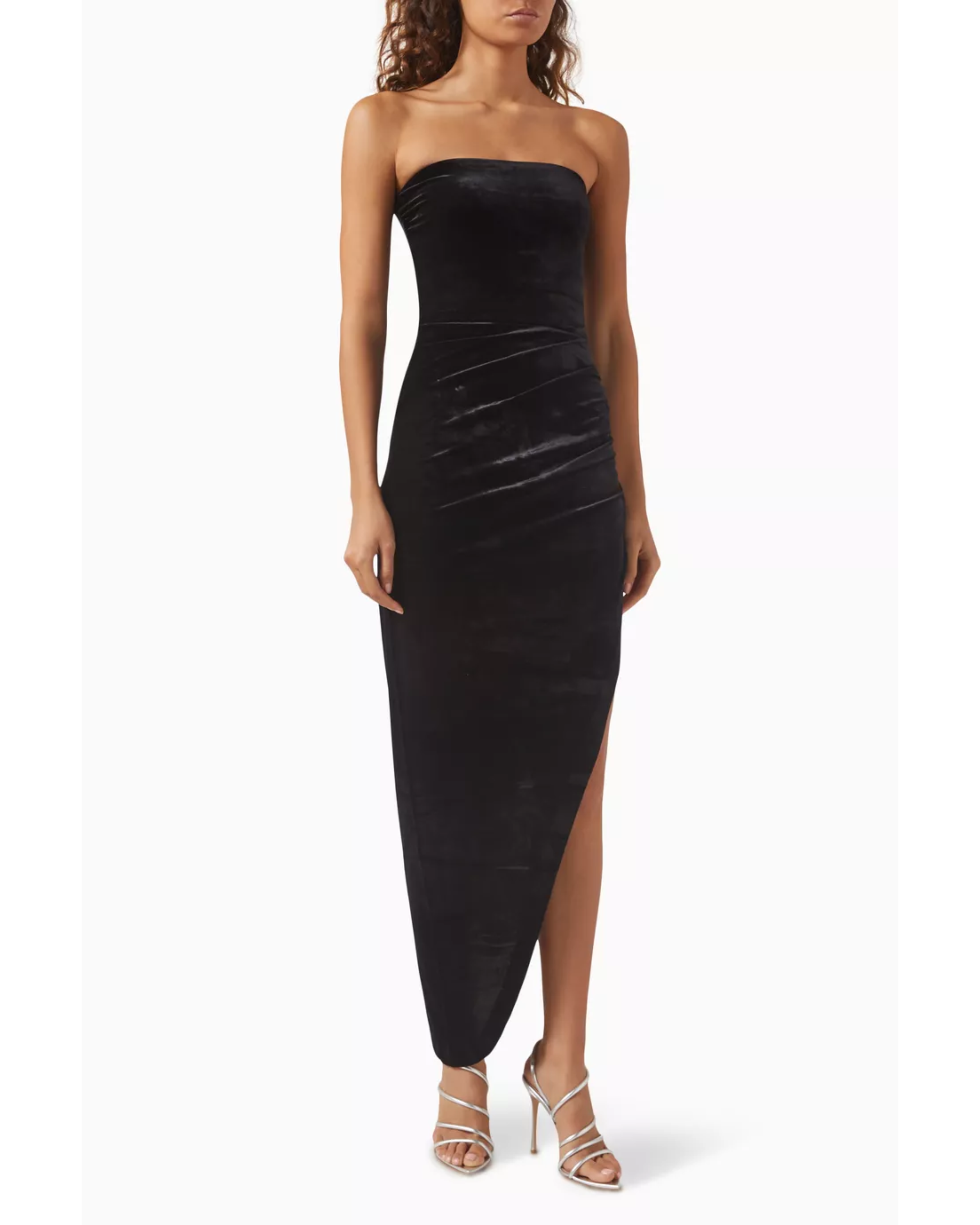 Black strapless velvet gown with draped side detail and asymmetrical hem — Norma Kamali | Endless UAE