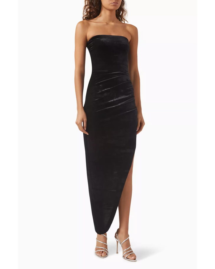 Black strapless velvet gown with draped side detail and asymmetrical hem — Norma Kamali | Endless UAE