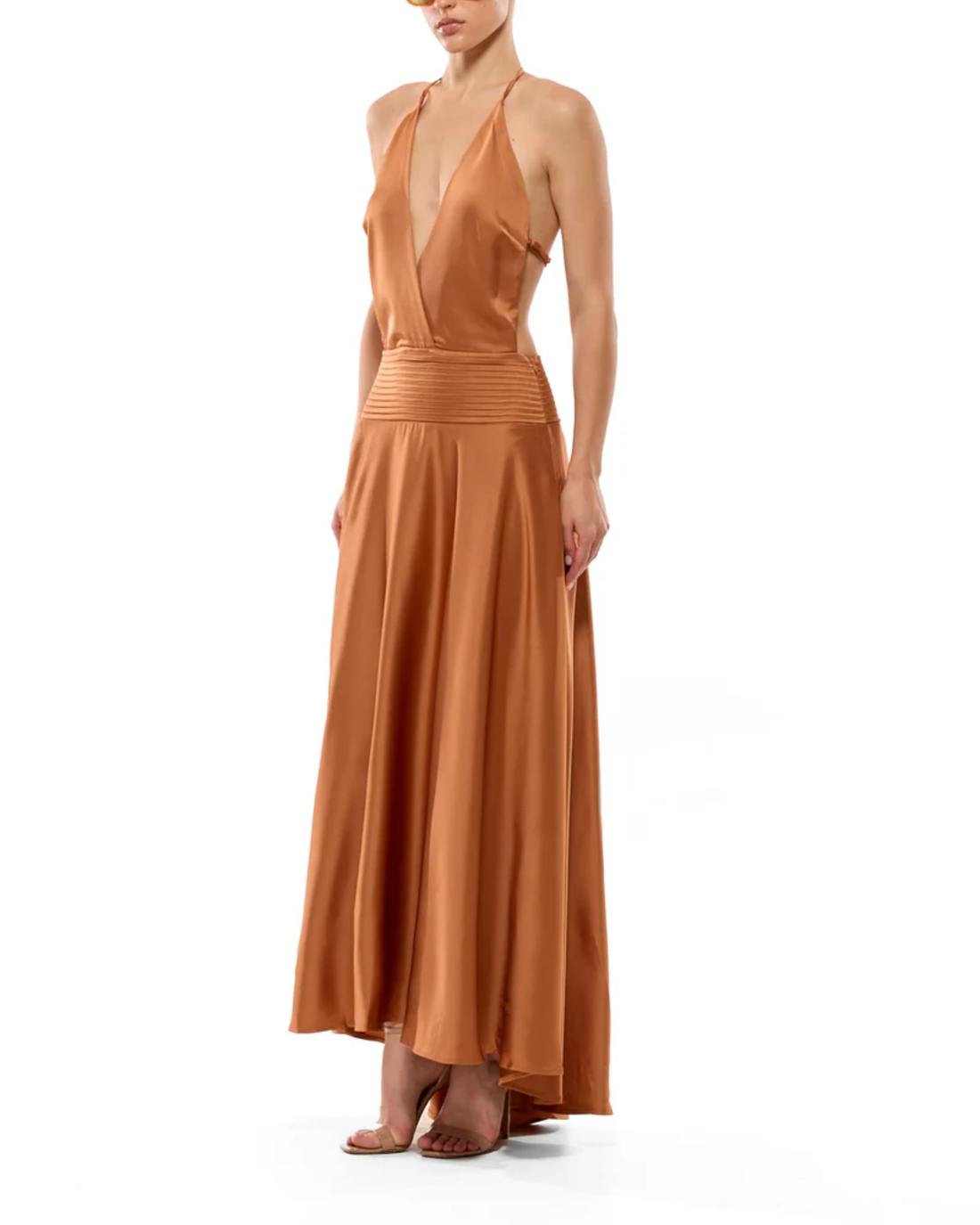 Amadine Deep V Plunge Dress in terracotta — Runaway The Label | Endless UAE