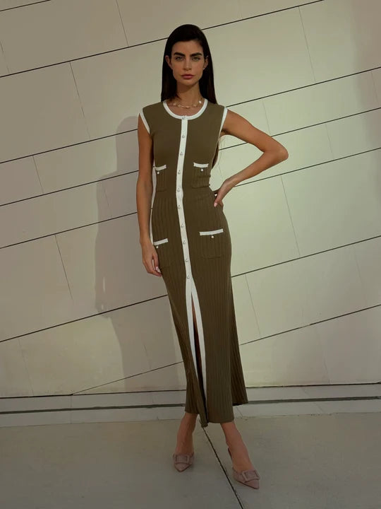 Pearl Knit Dress in Olive with cream trim and pocket details — Marble | Endless UAE