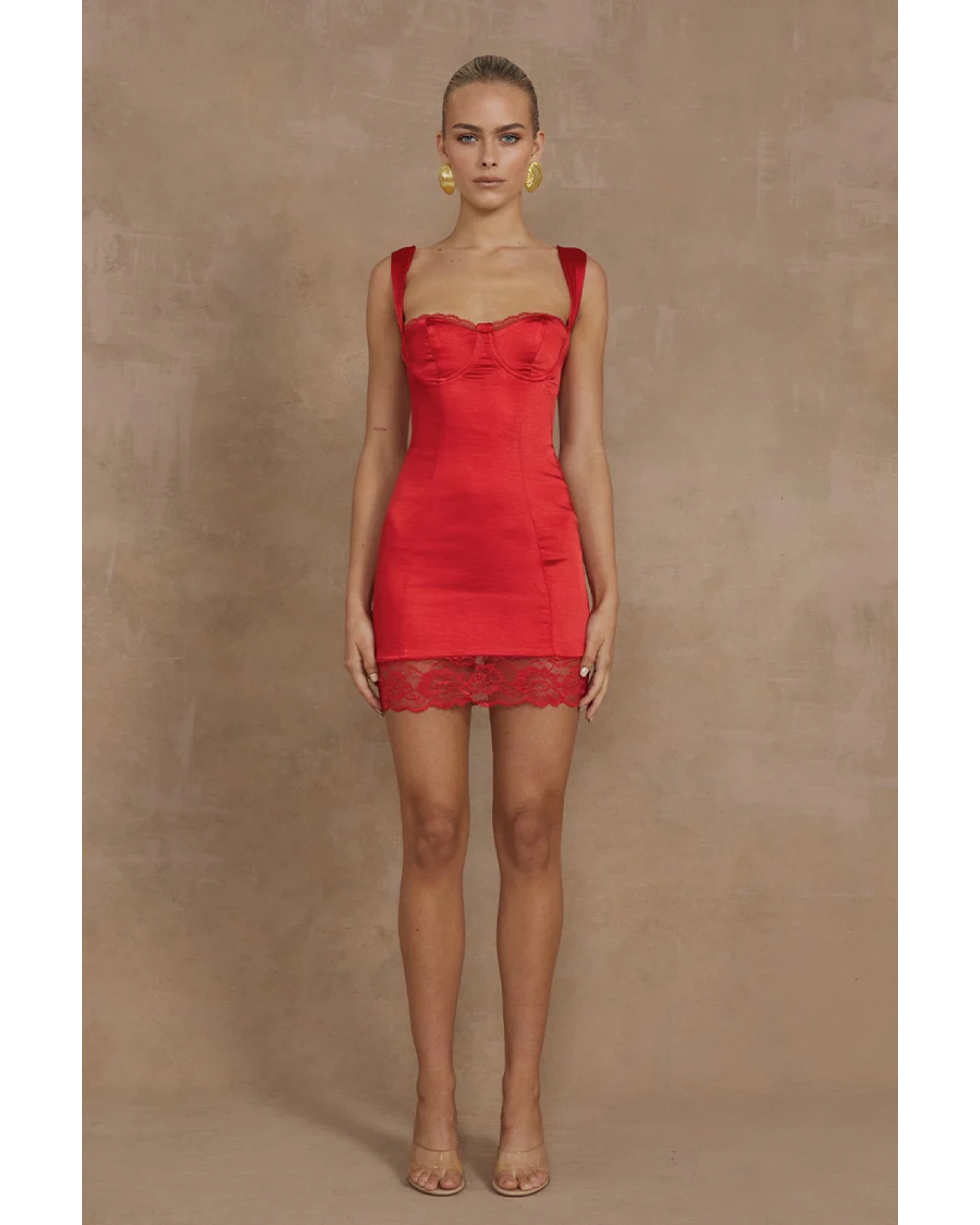 Red satin mini dress with sweetheart neckline and lace trim — Runaway The Label | Endless UAE