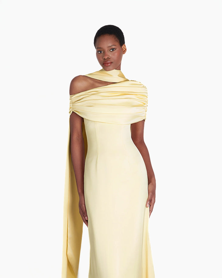Kiris Dress in pale yellow with ruched shoulder draping and flowing silhouette — Khanum's | Endless UAE