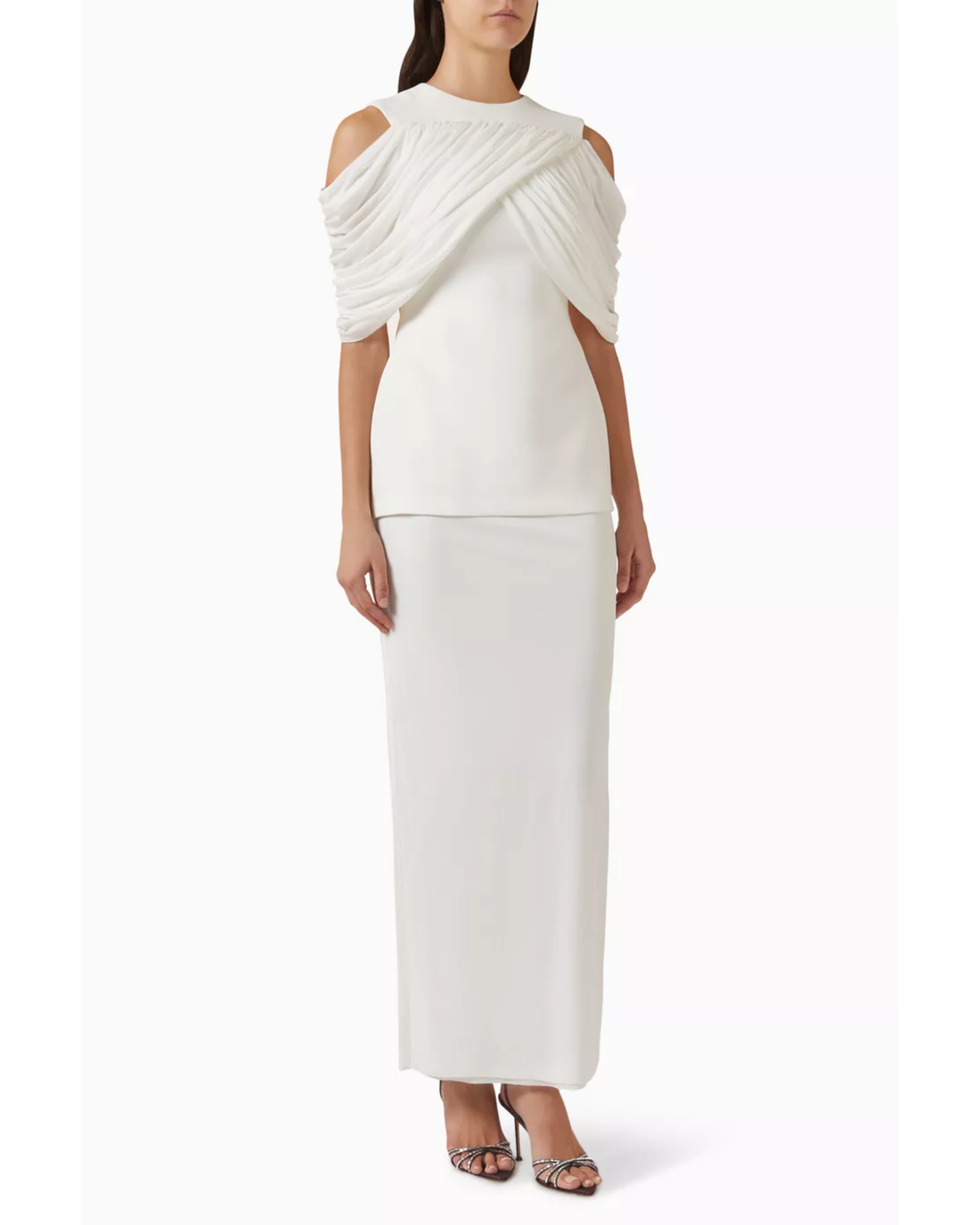 Cream Vivien Dress with cold-shoulder ruched detail and maxi skirt slit — Chats By C.Dam | Endless UAE