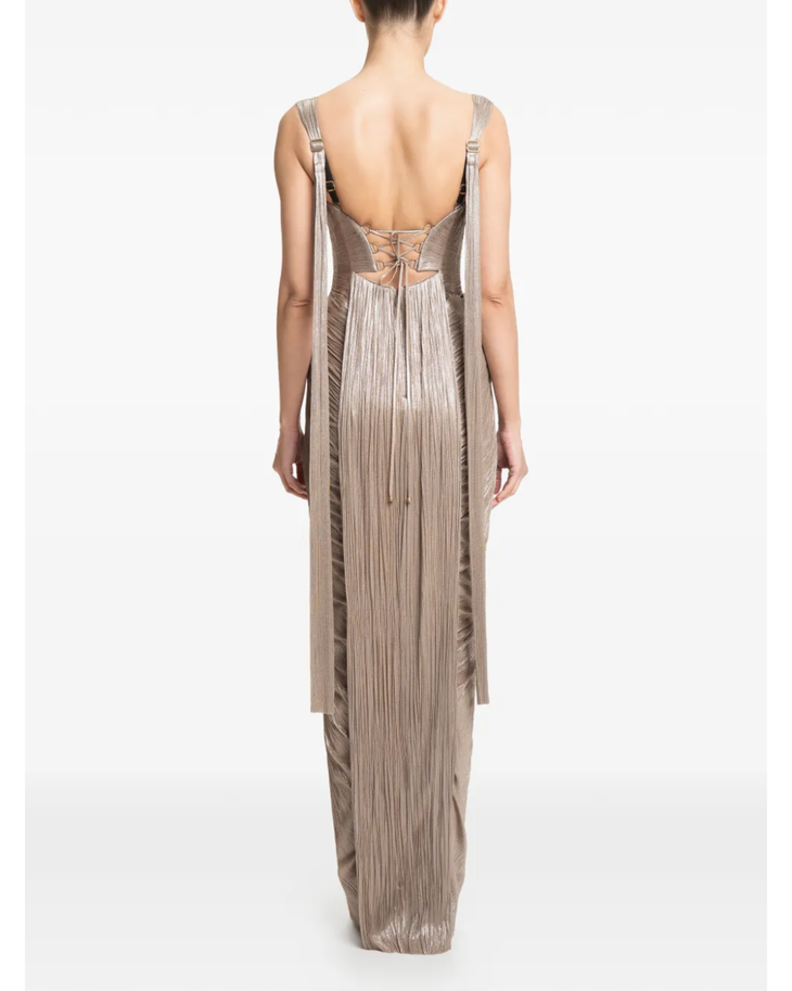 Anais pleated maxi dress in taupe with sweetheart neckline and side slit — Maria Lucia Hohan | Endless UAE