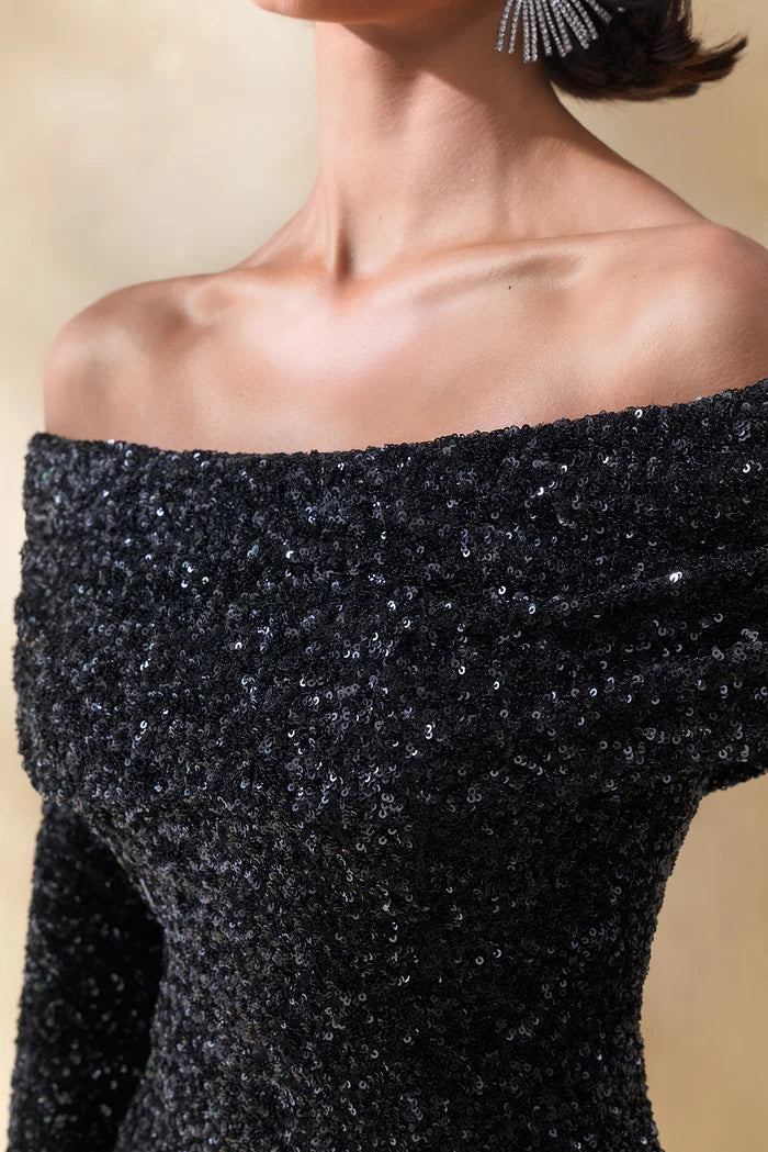 Black sequin bardot-neck maxi dress with off-shoulder neckline — Club L London | Endless UAE