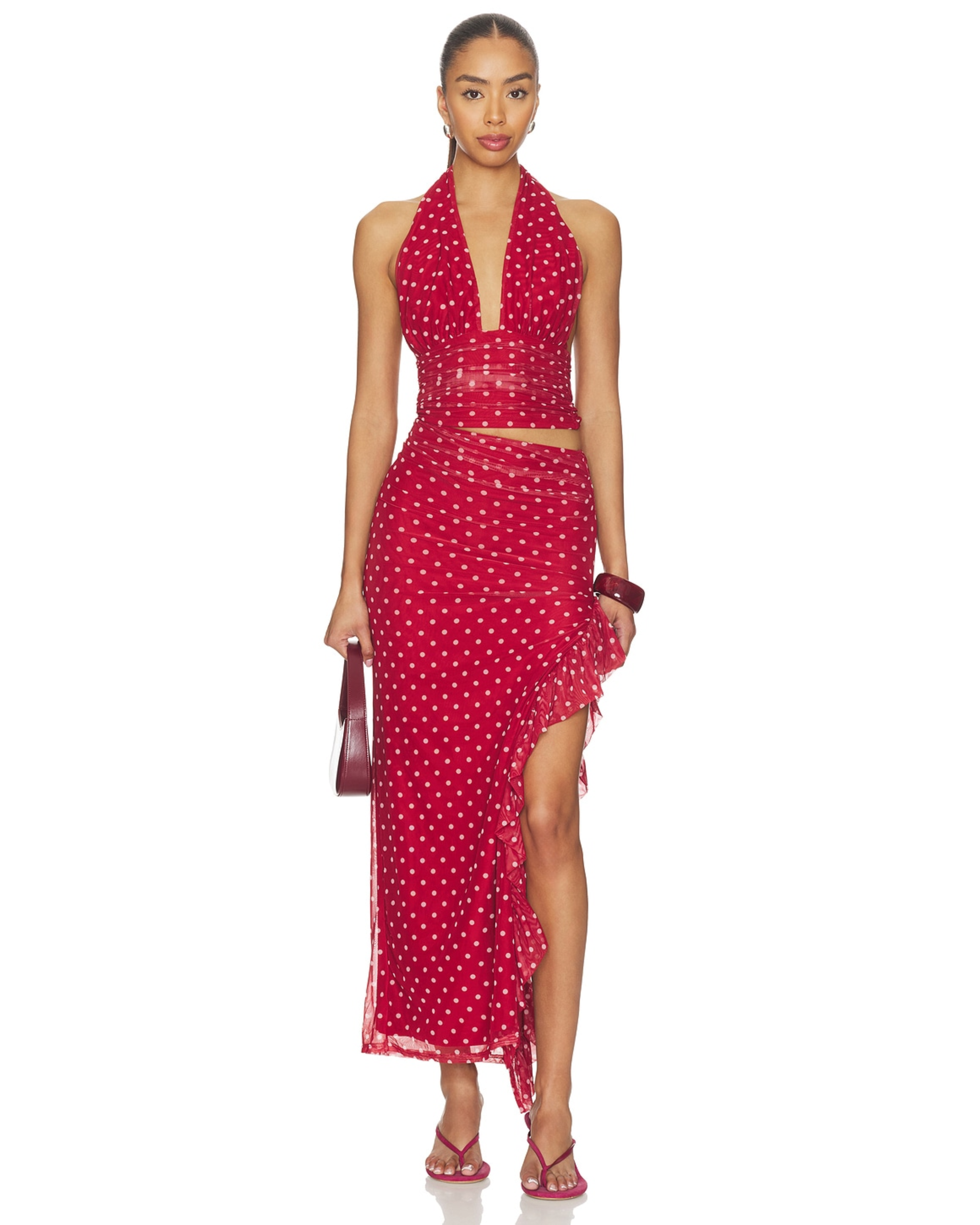 Red polka dot halter maxi dress with ruched waist and fringe trim — More To Come | Endless UAE