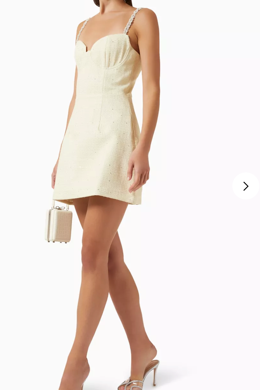 Cream mini dress with pearl-embellished straps, back view — Elle Zeitoune | Endless UAE