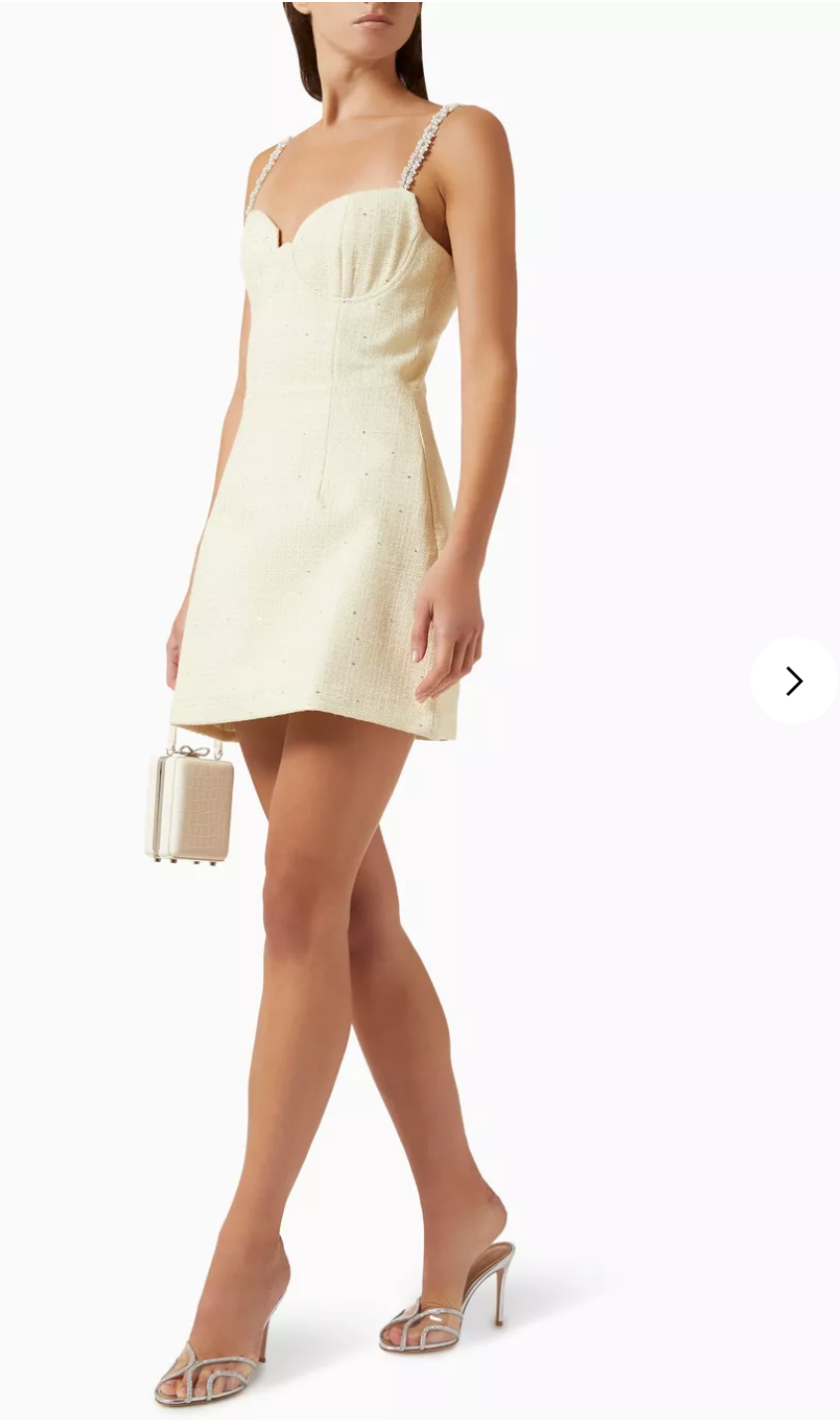 Cream mini dress with pearl-embellished straps, back view — Elle Zeitoune | Endless UAE