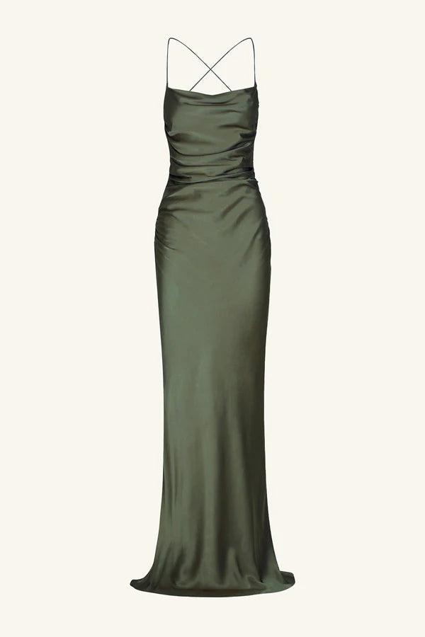 Olive satin cowl neck maxi dress with ruched sides and lace back detail — Shona Joy | Endless UAE