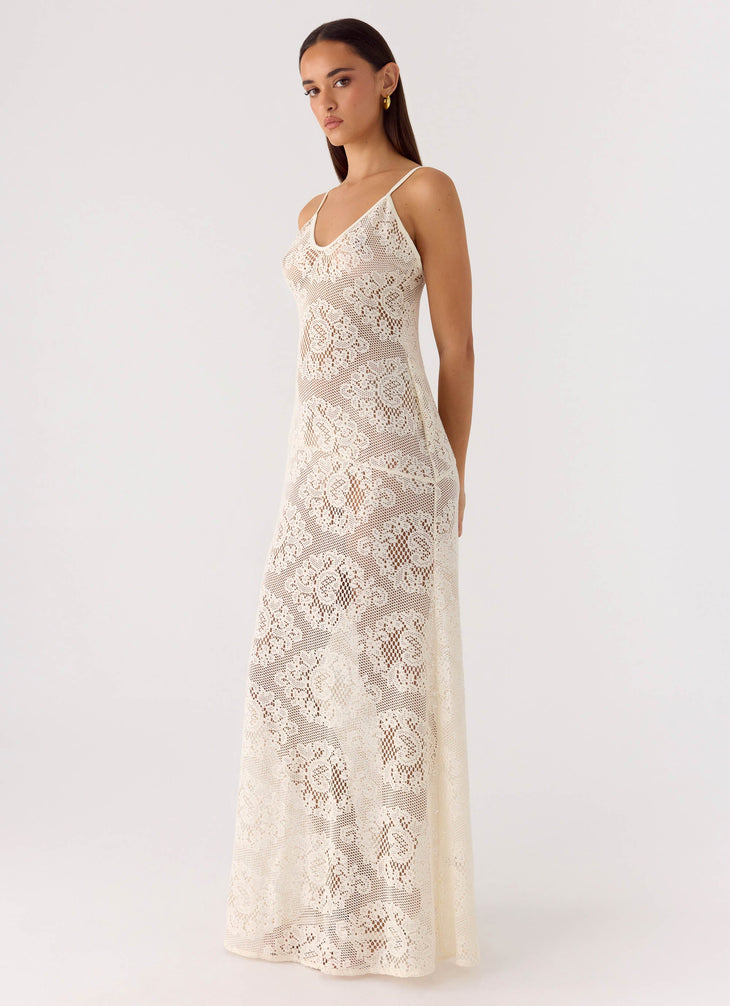 Annalee Maxi Dress in cream lace with V-neckline and thin straps — Peppermayo | Endless UAE