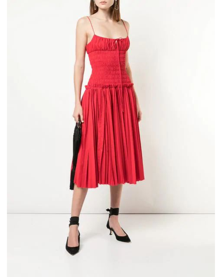 Red smocked-bodice cotton dress with pleated skirt and thin straps — Khaite | Endless UAE
