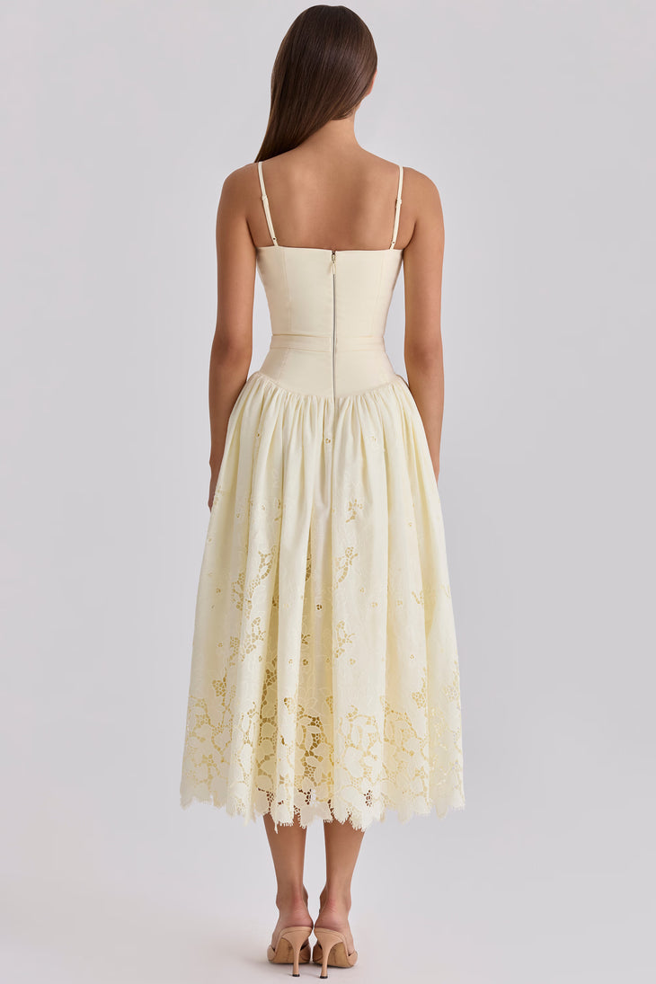 Cream lace broderie anglaise midi sundress with spaghetti straps and decorative hem — House of CB | Endless UAE