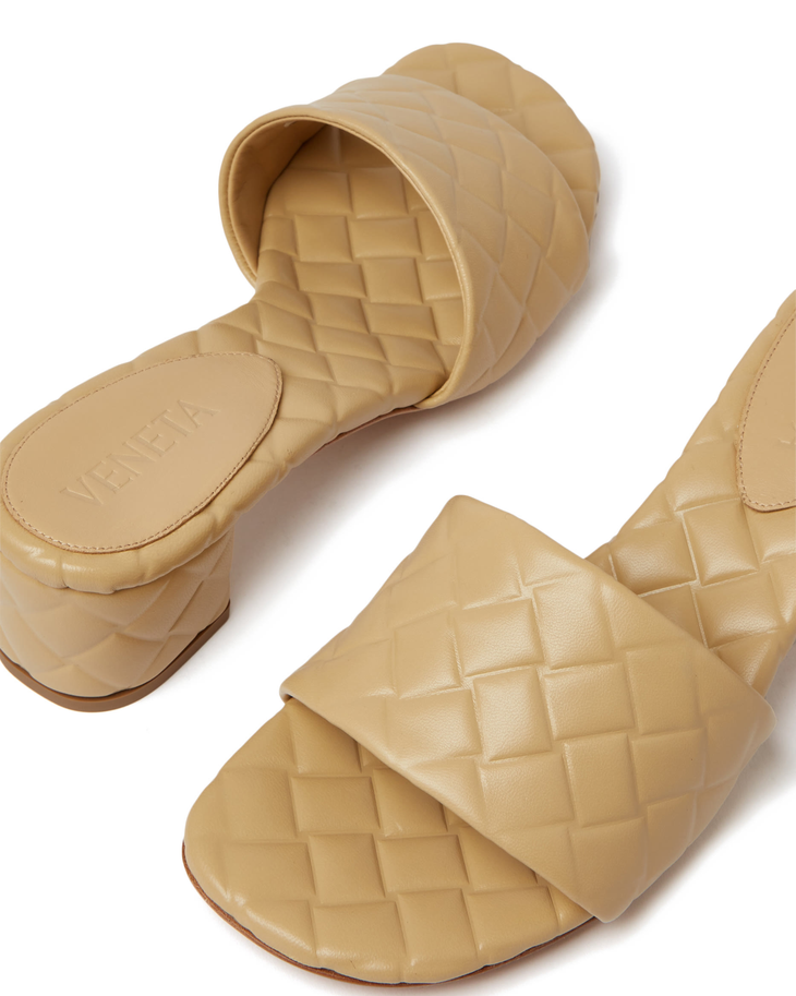 Beige quilted leather mule with block heel and padded upper — Bottega Veneta | Endless UAE