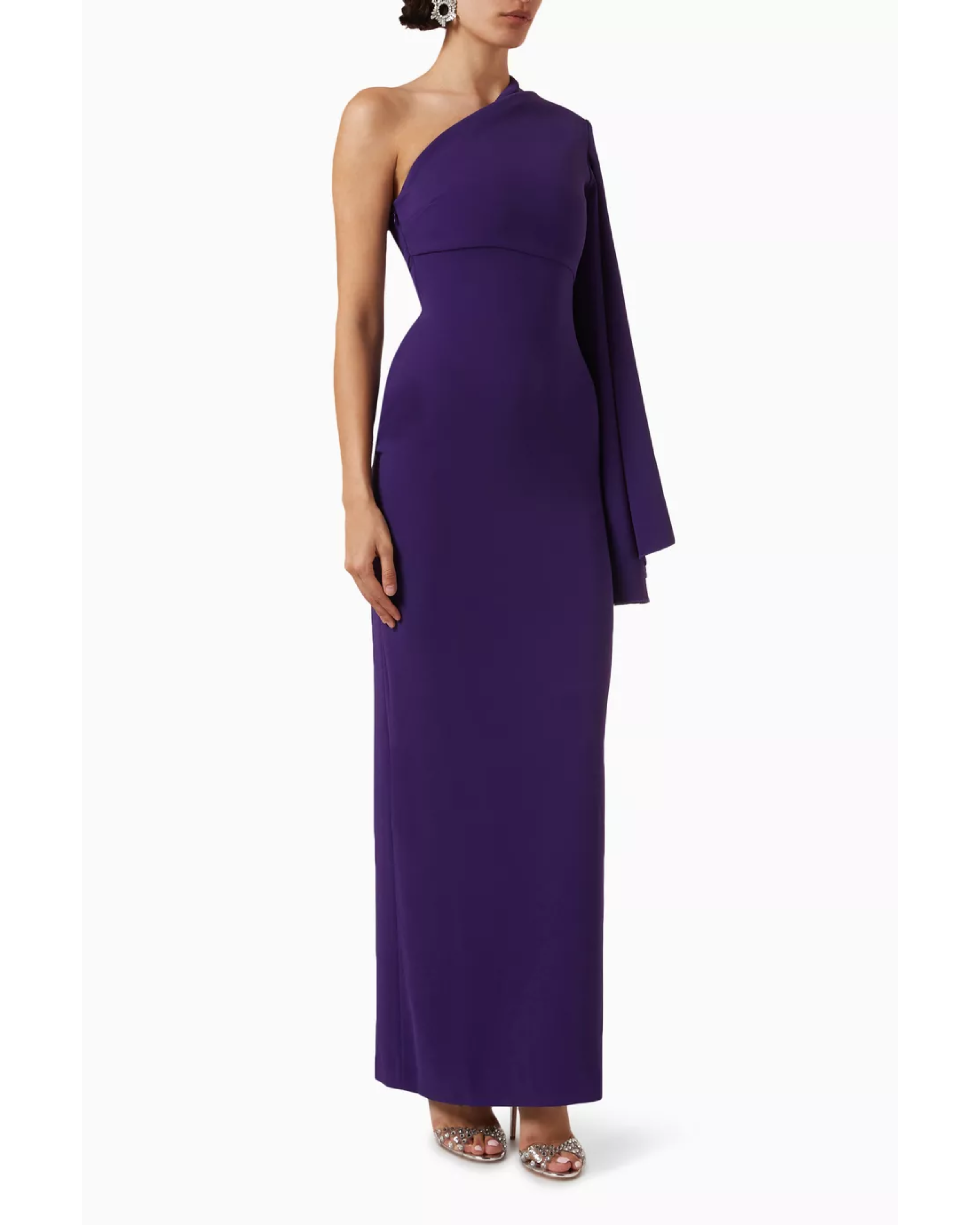 Purple one-shoulder maxi dress with draped sleeve detail — Solace London | Endless UAE