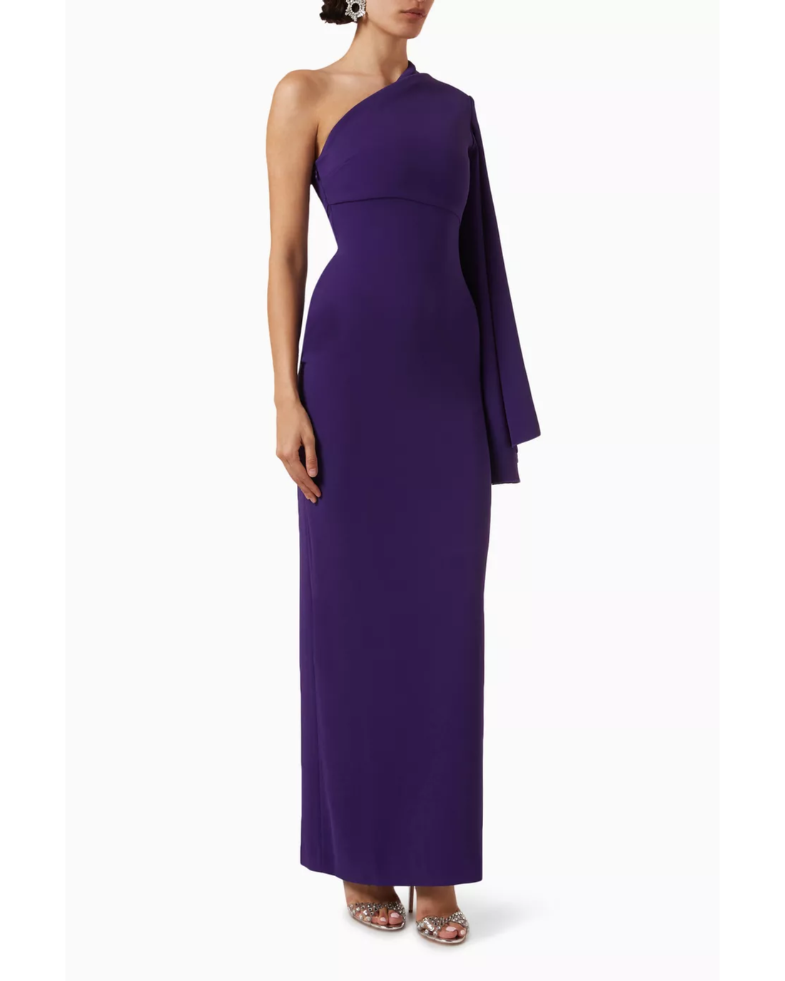 Purple one-shoulder maxi dress with draped sleeve detail — Solace London | Endless UAE