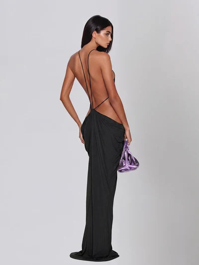 Black backless cutout draped maxi dress with purple bag — Mew Mews | Endless UAE