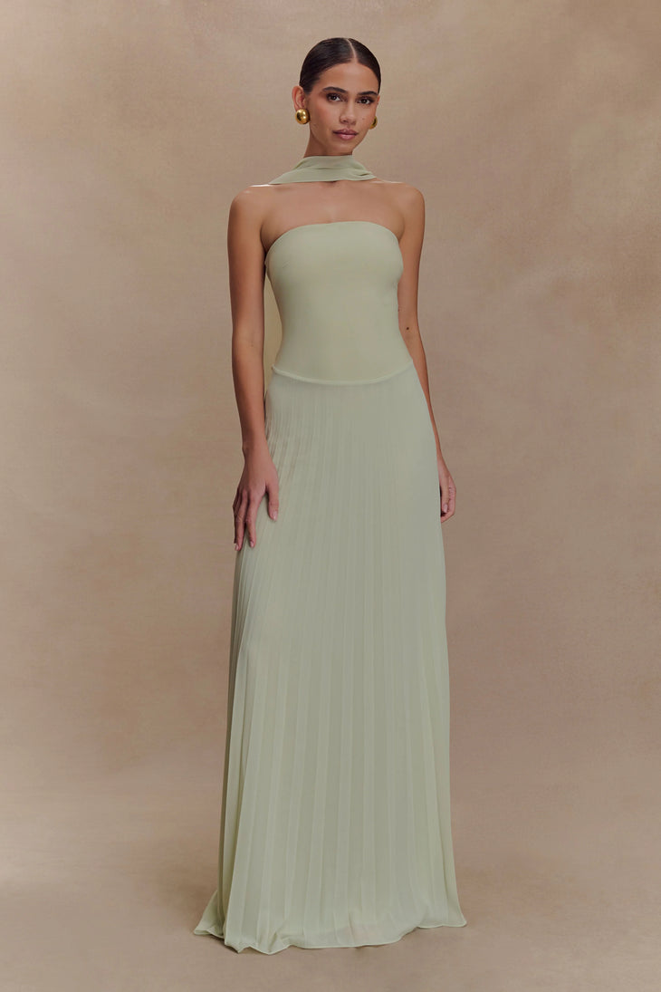 Sage green strapless chiffon maxi dress with pleated skirt and detachable scarf collar — Meshki | Endless UAE