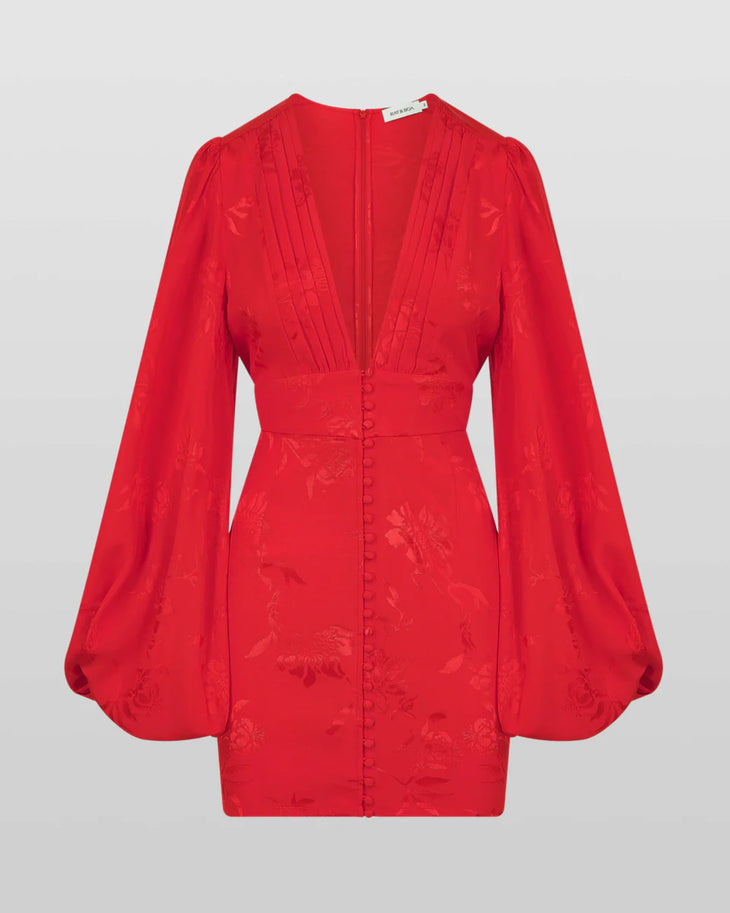 Red puff sleeve mini dress with pleated front detail — Rat & Boa | Endless UAE