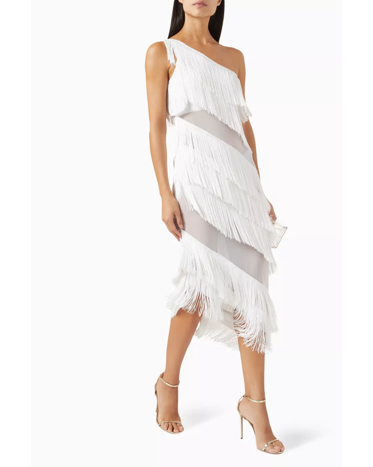White one-shoulder fringe dress with sheer mesh bands and asymmetrical hem — Norma Kamali | Endless UAE